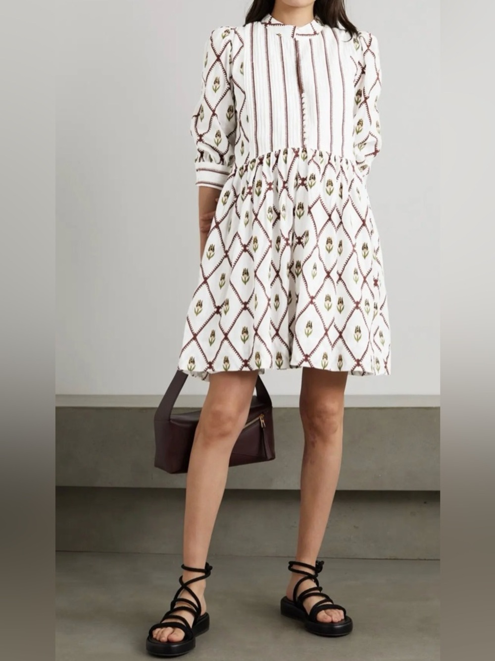 Lug Von Siga Maria Pintucked Embroidered Cotton-Poplin Mini Dress size 40 US 8